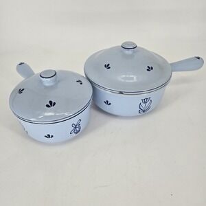 Vintage DRU Holland Blue Enamel Saucepan Set With Lids Tulip MCM Cookware 6"  8"